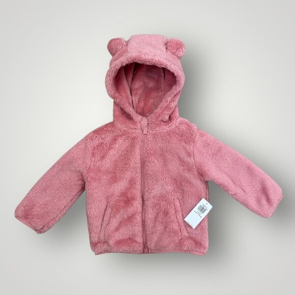 🍋2/$30- NWT Old Navy 6-12mo Baby Girl Pink Fleece Zip Up Hoodie with Tiny Ears - Picture 1 of 5